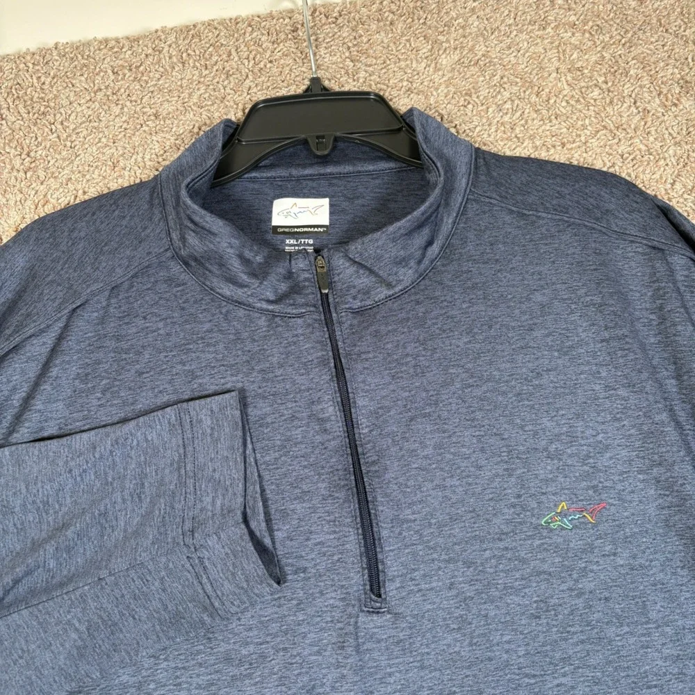 Greg Norman Mens XXL Quarter Zip Pullover Heather‎ Navy Blue Shark Logo Golf